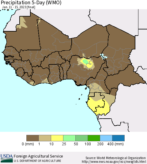 Western Africa Precipitation 5-Day (WMO) Thematic Map For 1/11/2023 - 1/15/2023