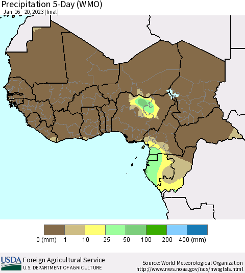 Western Africa Precipitation 5-Day (WMO) Thematic Map For 1/16/2023 - 1/20/2023