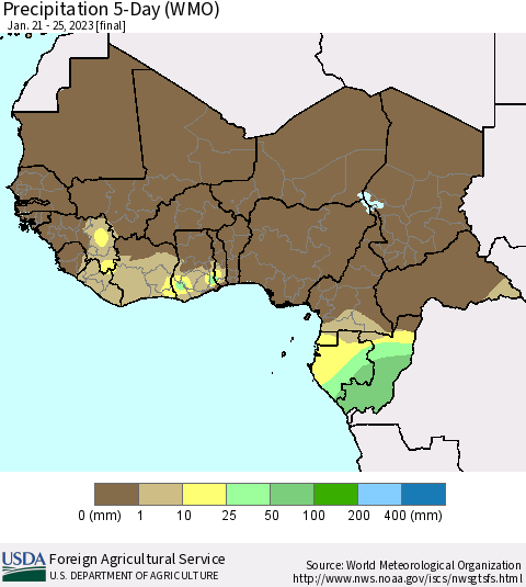 Western Africa Precipitation 5-Day (WMO) Thematic Map For 1/21/2023 - 1/25/2023