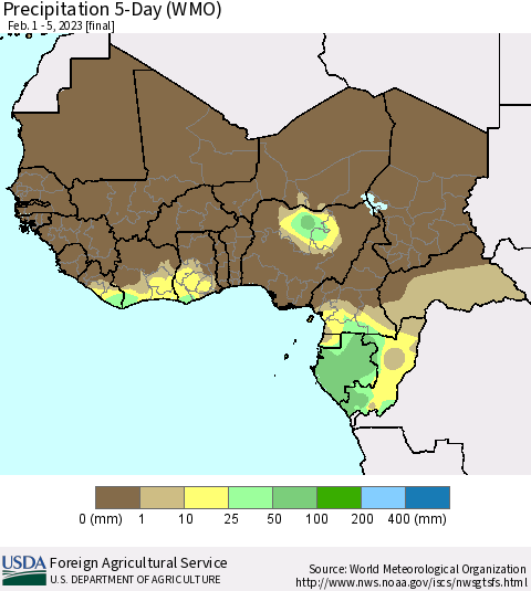 Western Africa Precipitation 5-Day (WMO) Thematic Map For 2/1/2023 - 2/5/2023