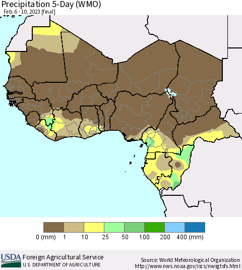 Western Africa Precipitation 5-Day (WMO) Thematic Map For 2/6/2023 - 2/10/2023