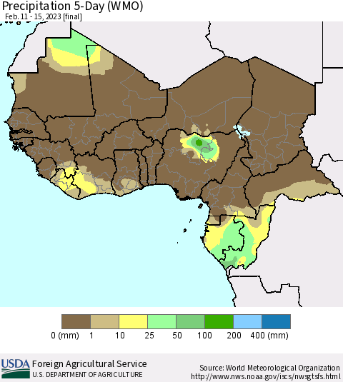 Western Africa Precipitation 5-Day (WMO) Thematic Map For 2/11/2023 - 2/15/2023