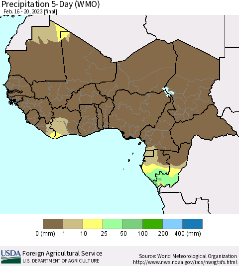 Western Africa Precipitation 5-Day (WMO) Thematic Map For 2/16/2023 - 2/20/2023