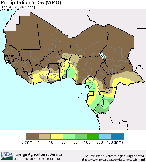 Western Africa Precipitation 5-Day (WMO) Thematic Map For 2/26/2023 - 2/28/2023