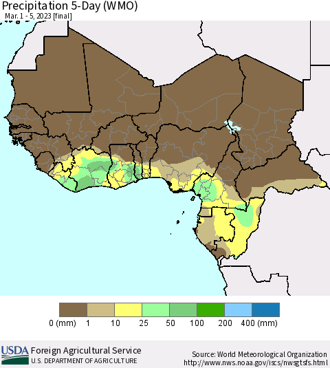 Western Africa Precipitation 5-Day (WMO) Thematic Map For 3/1/2023 - 3/5/2023