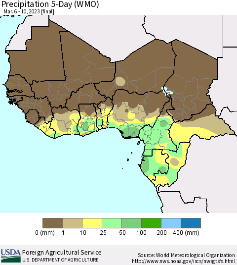 Western Africa Precipitation 5-Day (WMO) Thematic Map For 3/6/2023 - 3/10/2023