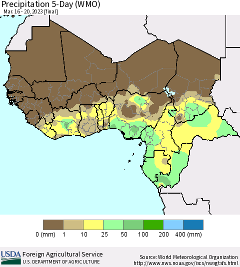 Western Africa Precipitation 5-Day (WMO) Thematic Map For 3/16/2023 - 3/20/2023