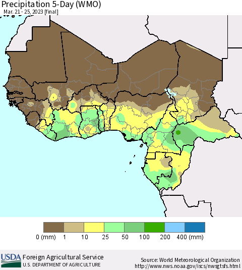 Western Africa Precipitation 5-Day (WMO) Thematic Map For 3/21/2023 - 3/25/2023