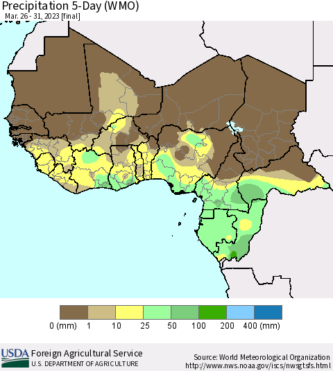 Western Africa Precipitation 5-Day (WMO) Thematic Map For 3/26/2023 - 3/31/2023