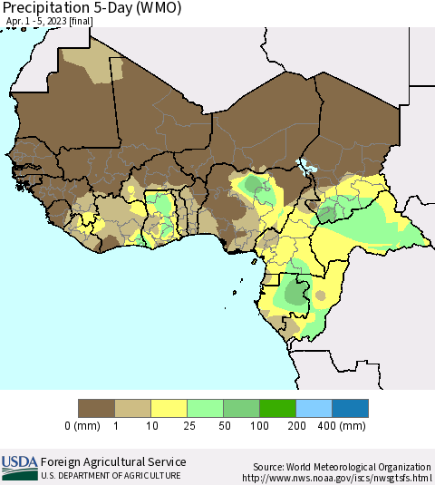 Western Africa Precipitation 5-Day (WMO) Thematic Map For 4/1/2023 - 4/5/2023