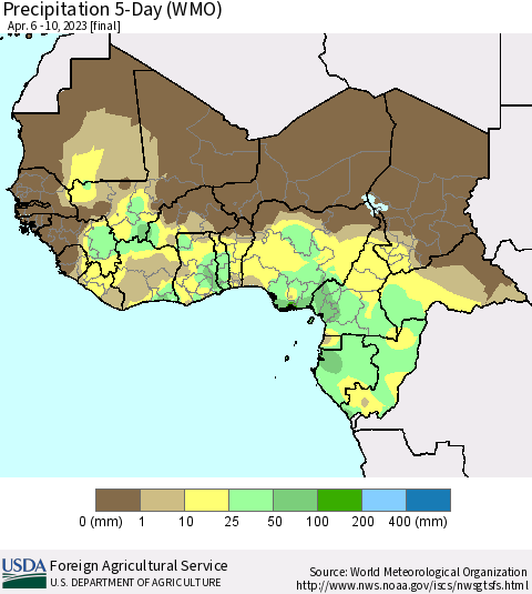 Western Africa Precipitation 5-Day (WMO) Thematic Map For 4/6/2023 - 4/10/2023