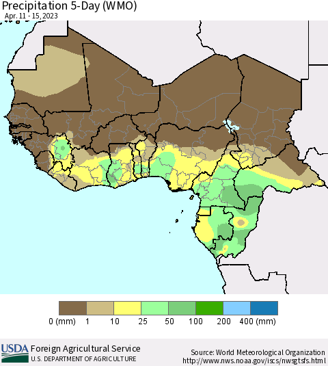 Western Africa Precipitation 5-Day (WMO) Thematic Map For 4/11/2023 - 4/15/2023