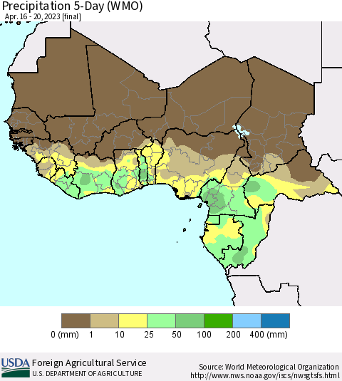 Western Africa Precipitation 5-Day (WMO) Thematic Map For 4/16/2023 - 4/20/2023