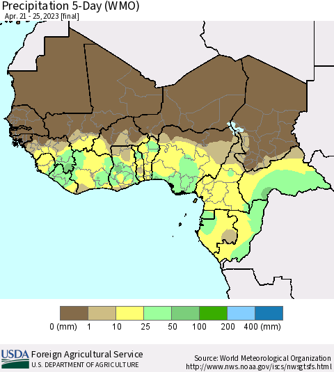 Western Africa Precipitation 5-Day (WMO) Thematic Map For 4/21/2023 - 4/25/2023