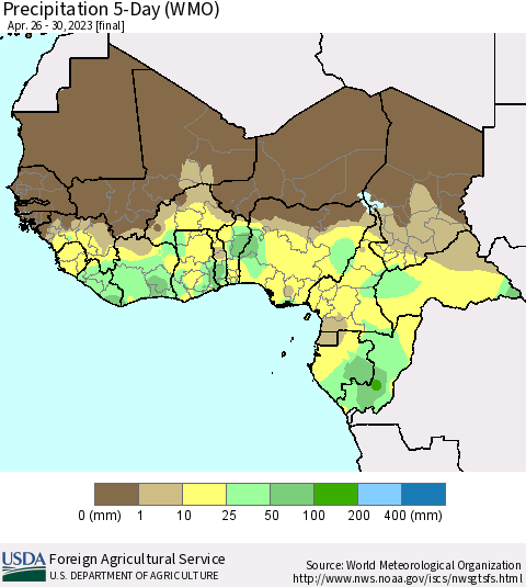 Western Africa Precipitation 5-Day (WMO) Thematic Map For 4/26/2023 - 4/30/2023