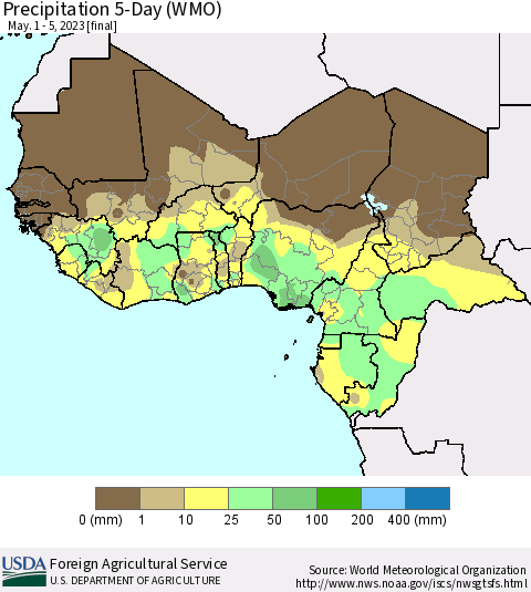 Western Africa Precipitation 5-Day (WMO) Thematic Map For 5/1/2023 - 5/5/2023