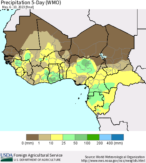 Western Africa Precipitation 5-Day (WMO) Thematic Map For 5/6/2023 - 5/10/2023