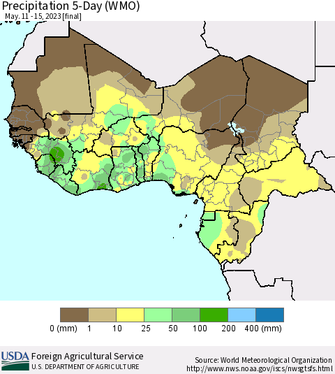 Western Africa Precipitation 5-Day (WMO) Thematic Map For 5/11/2023 - 5/15/2023