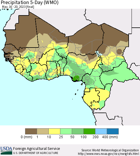 Western Africa Precipitation 5-Day (WMO) Thematic Map For 5/16/2023 - 5/20/2023
