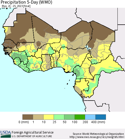 Western Africa Precipitation 5-Day (WMO) Thematic Map For 5/21/2023 - 5/25/2023