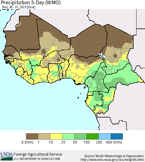 Western Africa Precipitation 5-Day (WMO) Thematic Map For 5/26/2023 - 5/31/2023
