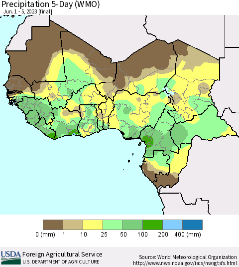Western Africa Precipitation 5-Day (WMO) Thematic Map For 6/1/2023 - 6/5/2023