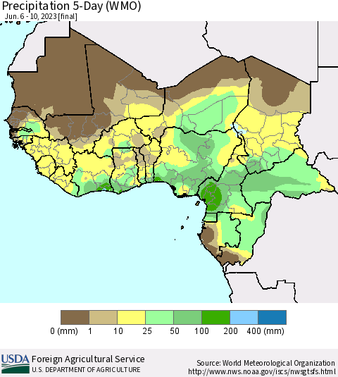 Western Africa Precipitation 5-Day (WMO) Thematic Map For 6/6/2023 - 6/10/2023