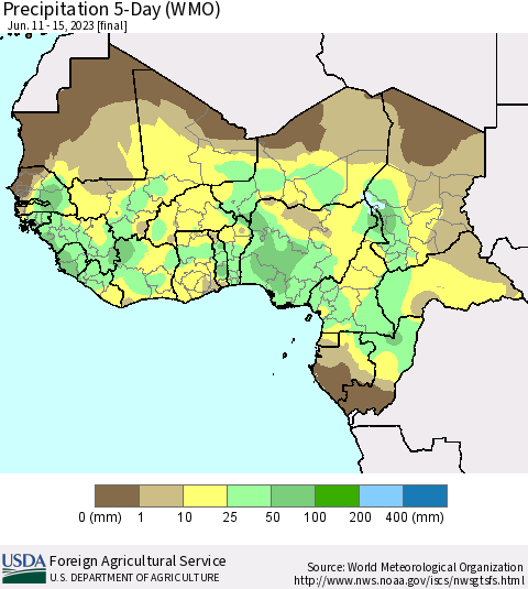 Western Africa Precipitation 5-Day (WMO) Thematic Map For 6/11/2023 - 6/15/2023