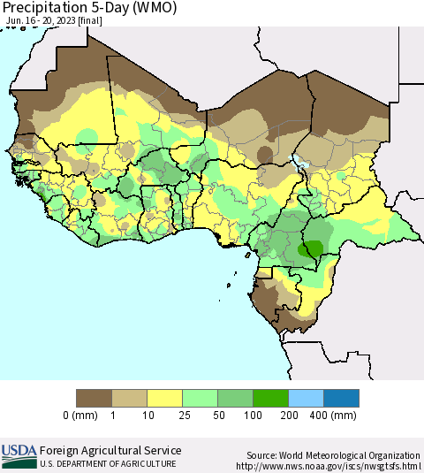 Western Africa Precipitation 5-Day (WMO) Thematic Map For 6/16/2023 - 6/20/2023
