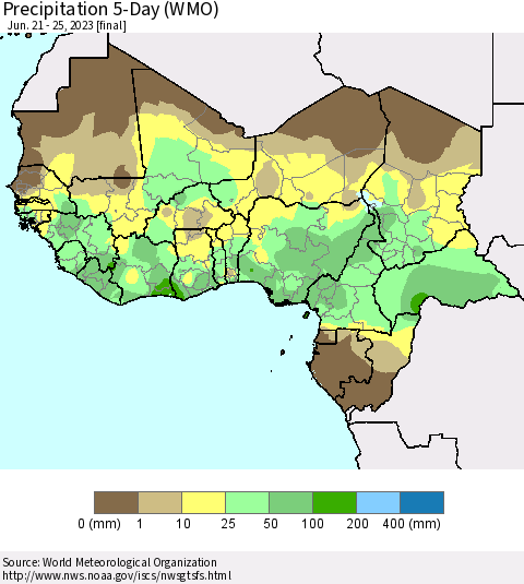Western Africa Precipitation 5-Day (WMO) Thematic Map For 6/21/2023 - 6/25/2023