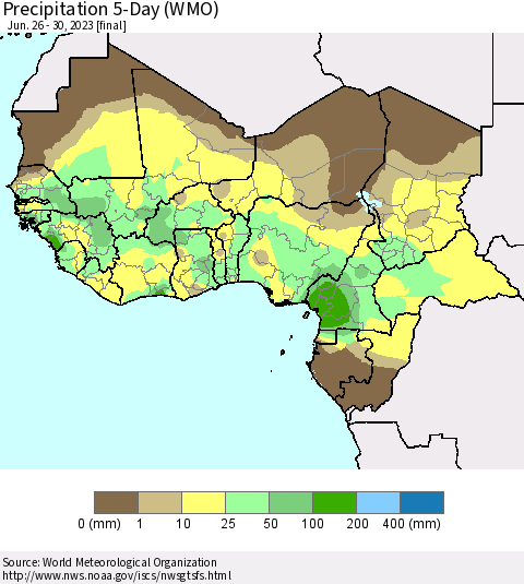 Western Africa Precipitation 5-Day (WMO) Thematic Map For 6/26/2023 - 6/30/2023