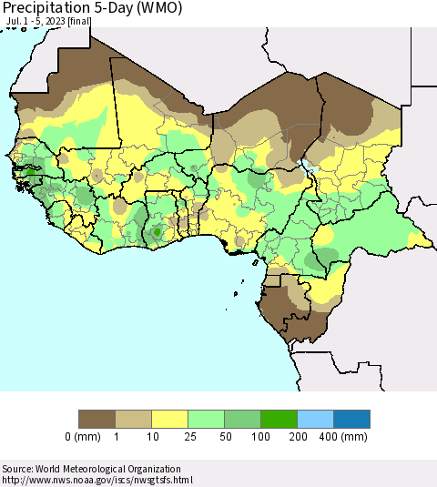 Western Africa Precipitation 5-Day (WMO) Thematic Map For 7/1/2023 - 7/5/2023