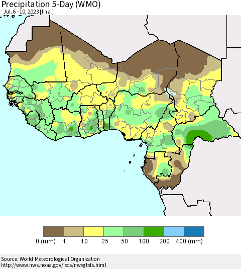 Western Africa Precipitation 5-Day (WMO) Thematic Map For 7/6/2023 - 7/10/2023