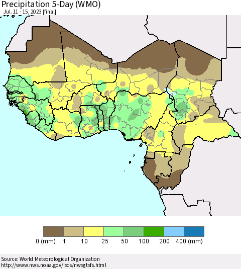 Western Africa Precipitation 5-Day (WMO) Thematic Map For 7/11/2023 - 7/15/2023