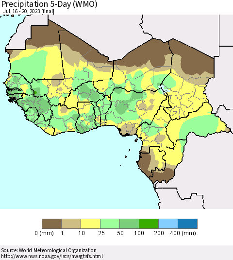 Western Africa Precipitation 5-Day (WMO) Thematic Map For 7/16/2023 - 7/20/2023