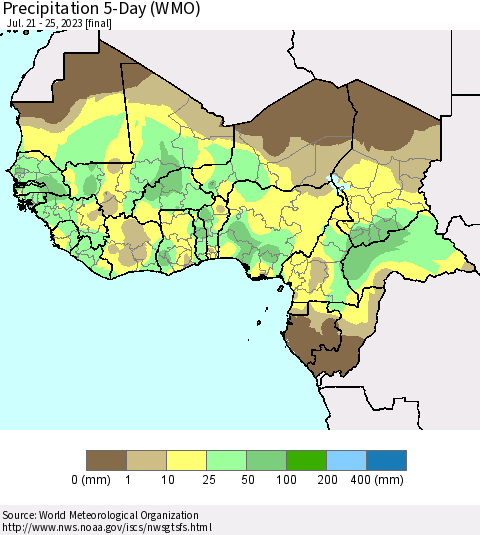Western Africa Precipitation 5-Day (WMO) Thematic Map For 7/21/2023 - 7/25/2023