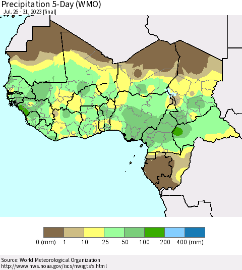 Western Africa Precipitation 5-Day (WMO) Thematic Map For 7/26/2023 - 7/31/2023