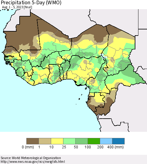 Western Africa Precipitation 5-Day (WMO) Thematic Map For 8/1/2023 - 8/5/2023