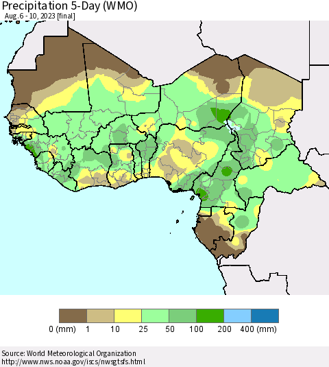 Western Africa Precipitation 5-Day (WMO) Thematic Map For 8/6/2023 - 8/10/2023