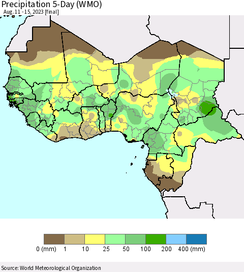 Western Africa Precipitation 5-Day (WMO) Thematic Map For 8/11/2023 - 8/15/2023