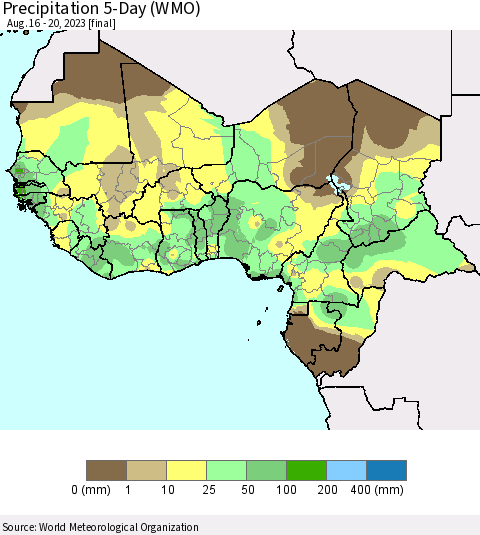 Western Africa Precipitation 5-Day (WMO) Thematic Map For 8/16/2023 - 8/20/2023