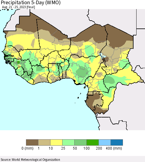 Western Africa Precipitation 5-Day (WMO) Thematic Map For 8/21/2023 - 8/25/2023