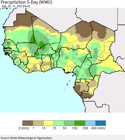 Western Africa Precipitation 5-Day (WMO) Thematic Map For 8/26/2023 - 8/31/2023