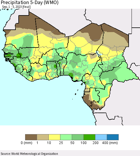 Western Africa Precipitation 5-Day (WMO) Thematic Map For 9/1/2023 - 9/5/2023