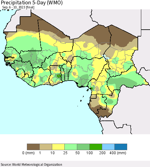 Western Africa Precipitation 5-Day (WMO) Thematic Map For 9/6/2023 - 9/10/2023