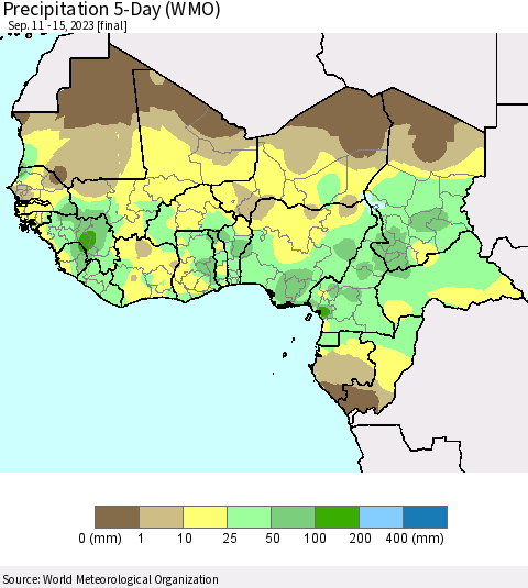 Western Africa Precipitation 5-Day (WMO) Thematic Map For 9/11/2023 - 9/15/2023