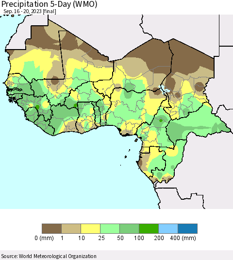 Western Africa Precipitation 5-Day (WMO) Thematic Map For 9/16/2023 - 9/20/2023