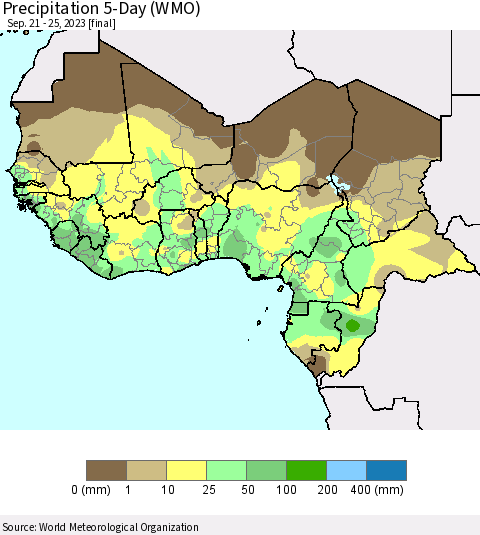 Western Africa Precipitation 5-Day (WMO) Thematic Map For 9/21/2023 - 9/25/2023