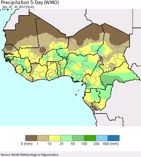 Western Africa Precipitation 5-Day (WMO) Thematic Map For 9/26/2023 - 9/30/2023