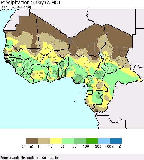 Western Africa Precipitation 5-Day (WMO) Thematic Map For 10/1/2023 - 10/5/2023